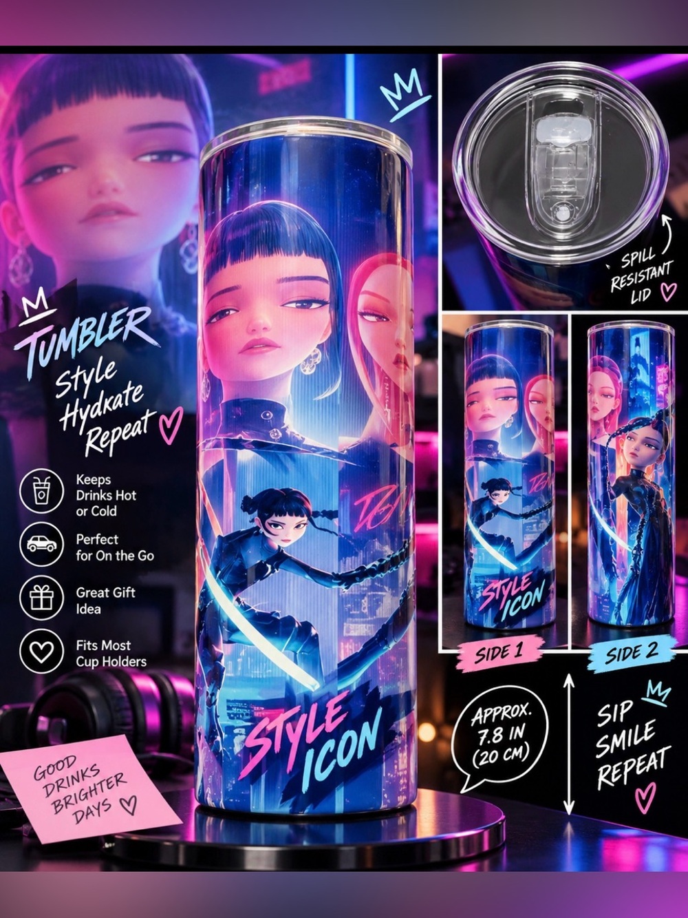 K-pop Style Icon Stainless Tumbler - Neon Blue & Purple